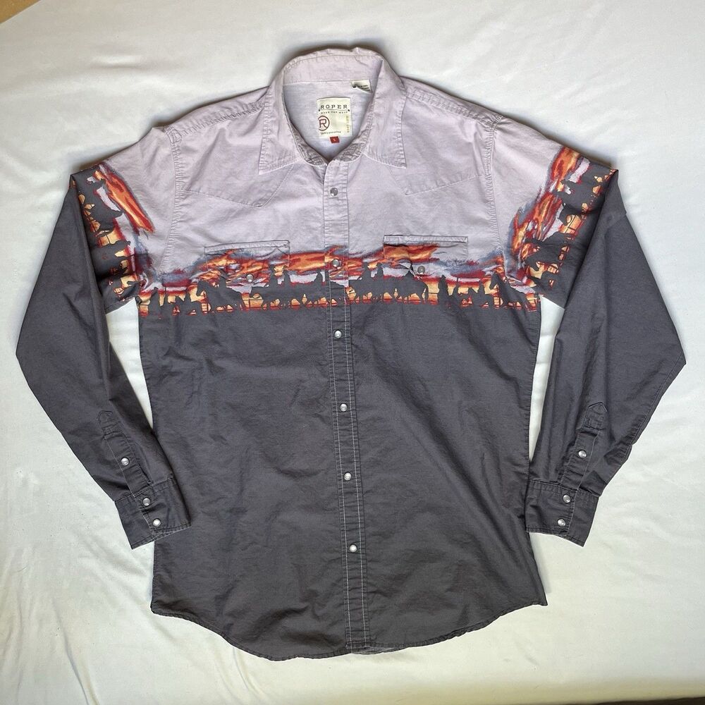 Roper Wear Pearl Snap Shirt Men’s L  Long Sleeve Cowboy Ride Sunset Western